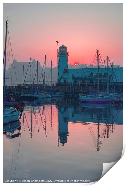 Scarborough Lighthouse Sunset Portrait , North Yor Print by Alison Chambers