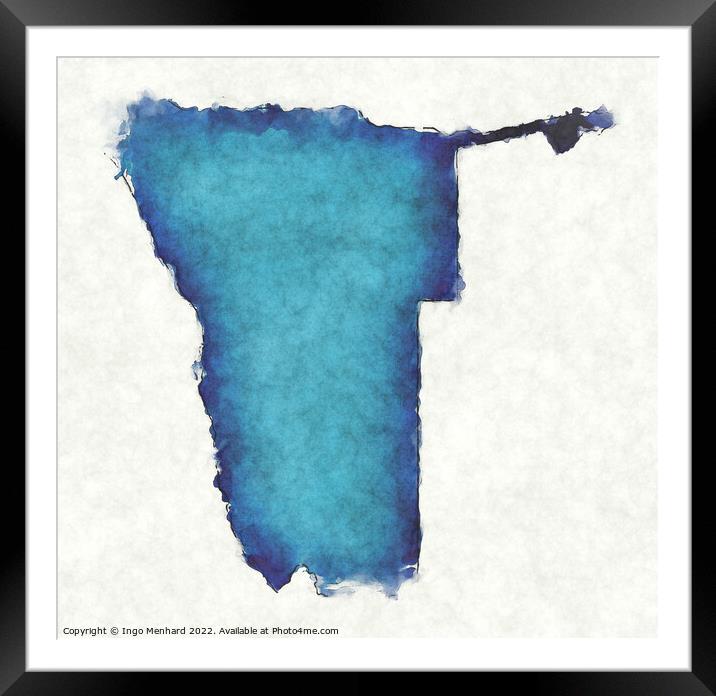 Namibia map with drawn lines and blue watercolor illustration Framed Mounted Print by Ingo Menhard