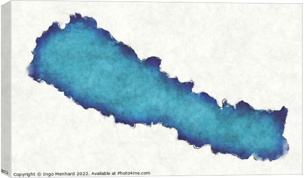 Nepal map with drawn lines and blue watercolor illustration Canvas Print by Ingo Menhard