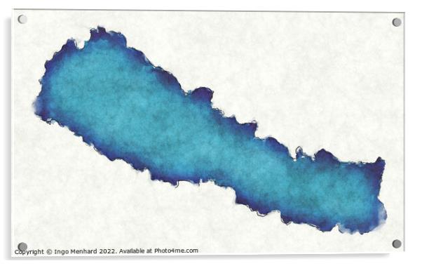 Nepal map with drawn lines and blue watercolor illustration Acrylic by Ingo Menhard