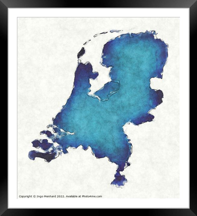 Netherlands map with drawn lines and blue watercolor illustratio Framed Mounted Print by Ingo Menhard