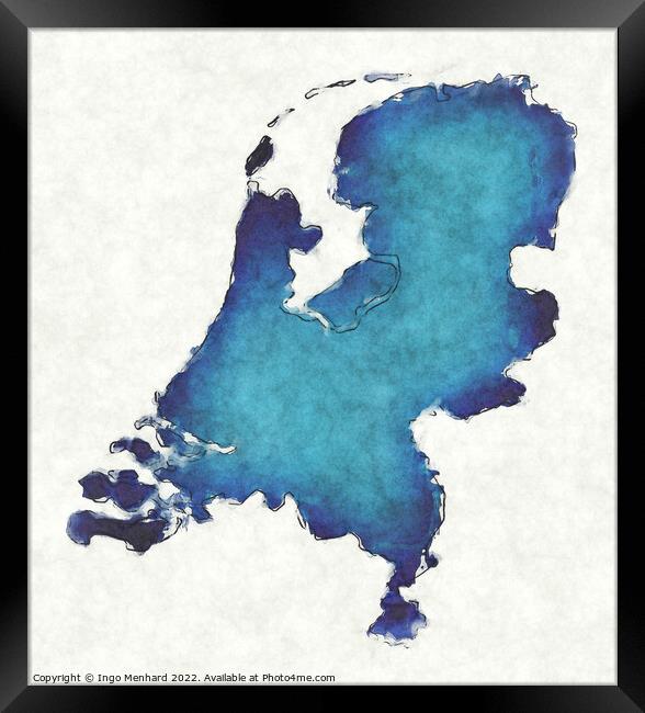 Netherlands map with drawn lines and blue watercolor illustratio Framed Print by Ingo Menhard
