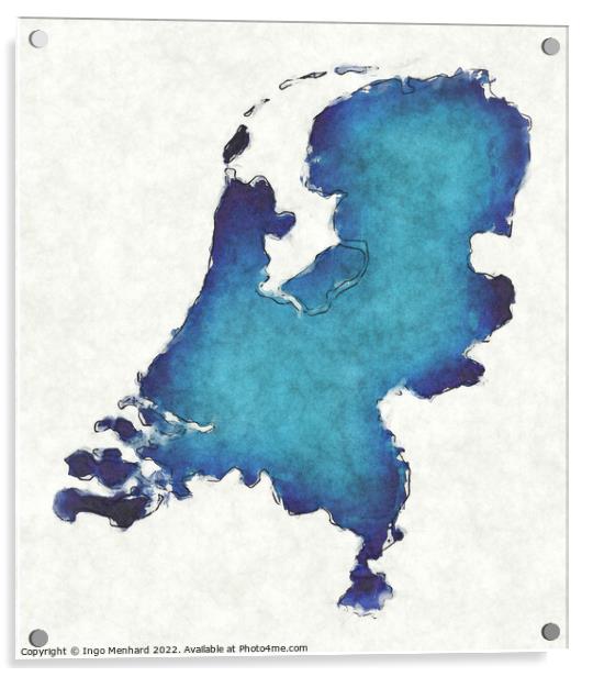 Netherlands map with drawn lines and blue watercolor illustratio Acrylic by Ingo Menhard