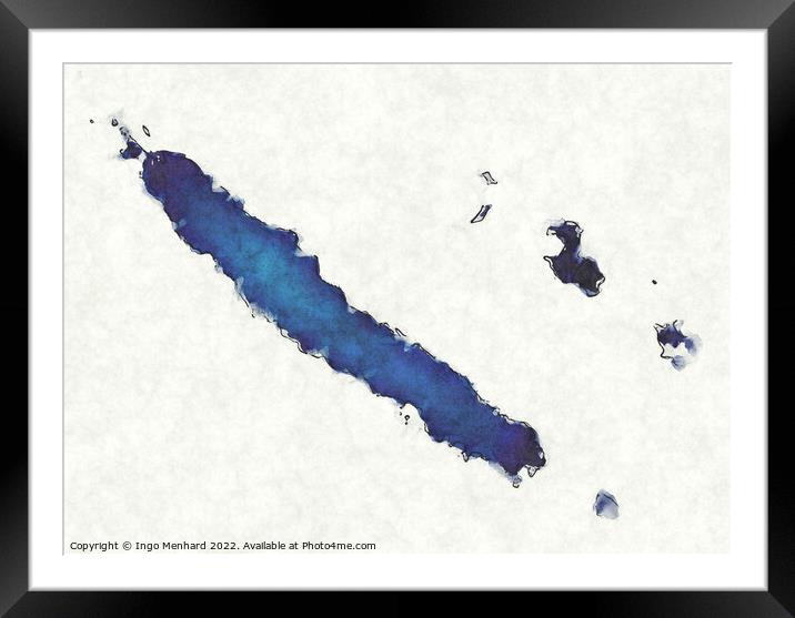 New Caledonia map with drawn lines and blue watercolor illustrat Framed Mounted Print by Ingo Menhard