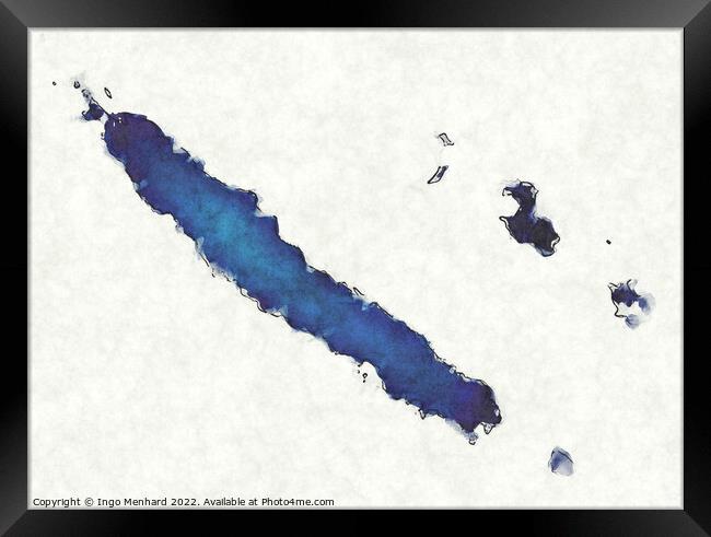 New Caledonia map with drawn lines and blue watercolor illustrat Framed Print by Ingo Menhard
