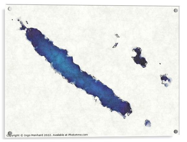 New Caledonia map with drawn lines and blue watercolor illustrat Acrylic by Ingo Menhard