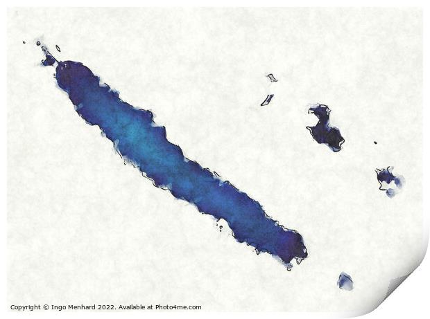 New Caledonia map with drawn lines and blue watercolor illustrat Print by Ingo Menhard