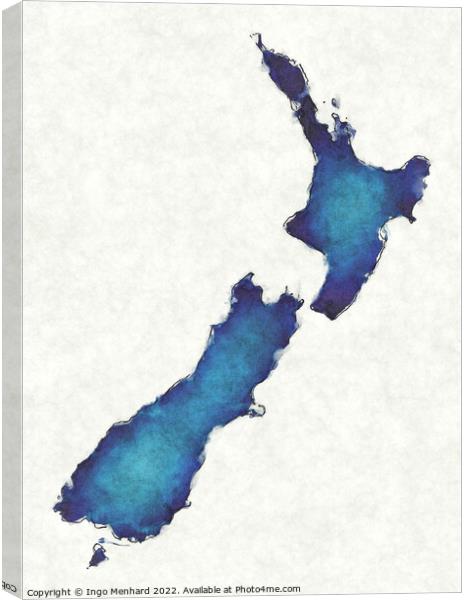 New Zealand map with drawn lines and blue watercolor illustratio Canvas Print by Ingo Menhard