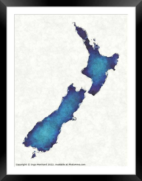 New Zealand map with drawn lines and blue watercolor illustratio Framed Mounted Print by Ingo Menhard