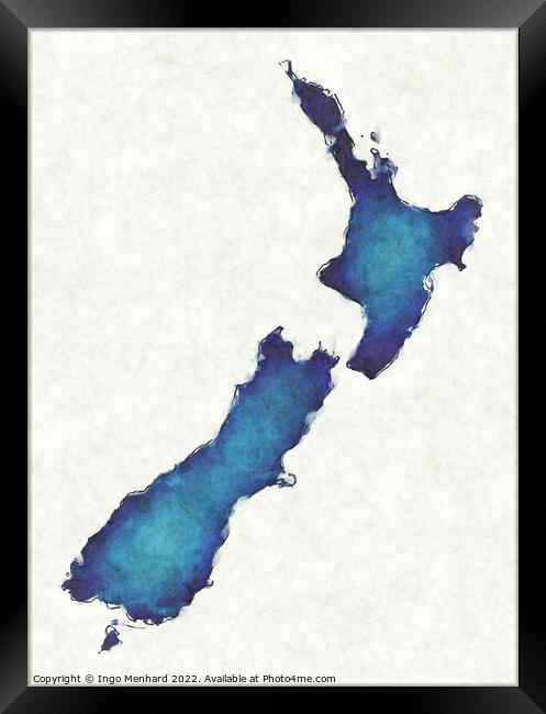 New Zealand map with drawn lines and blue watercolor illustratio Framed Print by Ingo Menhard