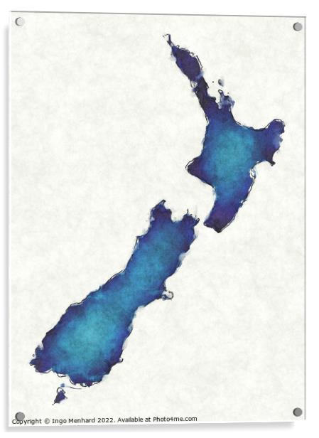 New Zealand map with drawn lines and blue watercolor illustratio Acrylic by Ingo Menhard