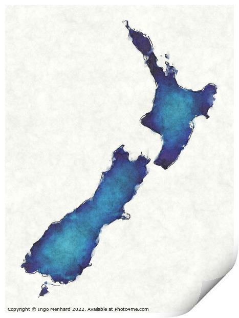New Zealand map with drawn lines and blue watercolor illustratio Print by Ingo Menhard