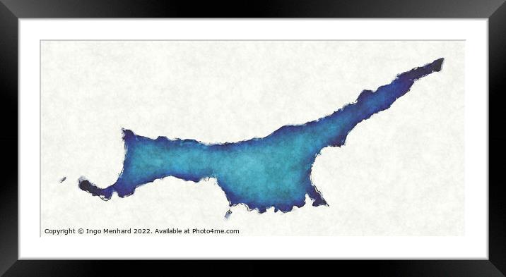 Northern Cyprus map with drawn lines and blue watercolor illustr Framed Mounted Print by Ingo Menhard