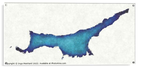 Northern Cyprus map with drawn lines and blue watercolor illustr Acrylic by Ingo Menhard