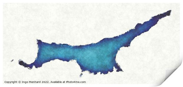 Northern Cyprus map with drawn lines and blue watercolor illustr Print by Ingo Menhard