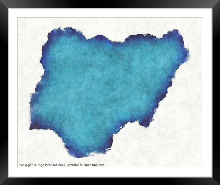 Nigeria map with drawn lines and blue watercolor illustration Framed Mounted Print by Ingo Menhard