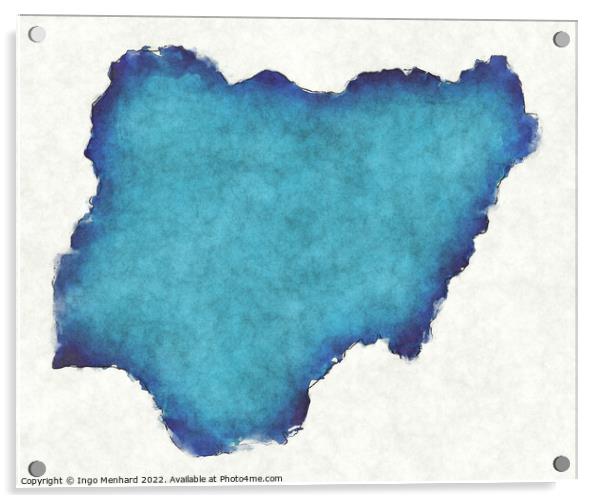 Nigeria map with drawn lines and blue watercolor illustration Acrylic by Ingo Menhard