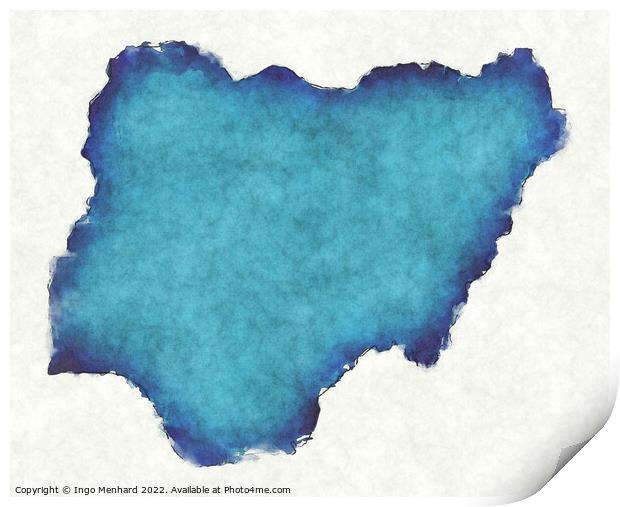 Nigeria map with drawn lines and blue watercolor illustration Print by Ingo Menhard
