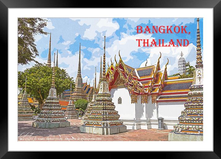 Vintage travel poster - Stupas in Wat Pho, Bangkok, Thailand Framed Mounted Print by Kevin Hellon