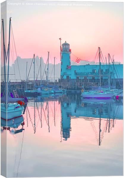 Scarborough Lighthouse Sunset, North Yorkshire Coa Canvas Print by Alison Chambers