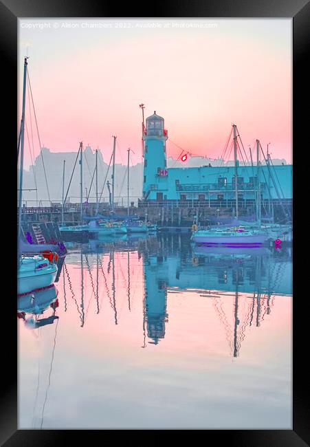 Scarborough Lighthouse Sunset, North Yorkshire Coa Framed Print by Alison Chambers