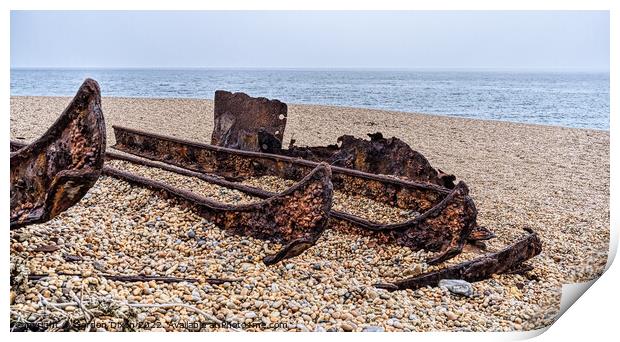 Rusting hull on Chesil beach - Dorset Print by Gordon Dixon