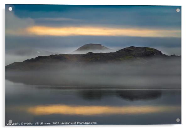 Morning fog and sunrise. Acrylic by Hörður Vilhjálmsson