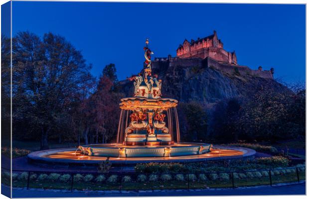 Ross Fountain and Edinburgh Castle at Night Canvas Print by John Frid