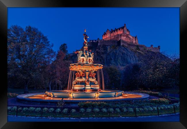 Ross Fountain and Edinburgh Castle at Night Framed Print by John Frid