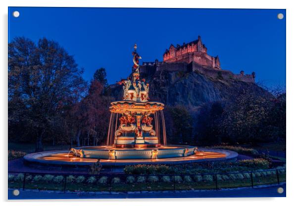 Ross Fountain and Edinburgh Castle at Night Acrylic by John Frid