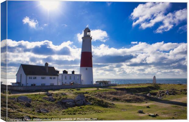 Portland Bill lighthouse from the side Canvas Print by Ann Biddlecombe