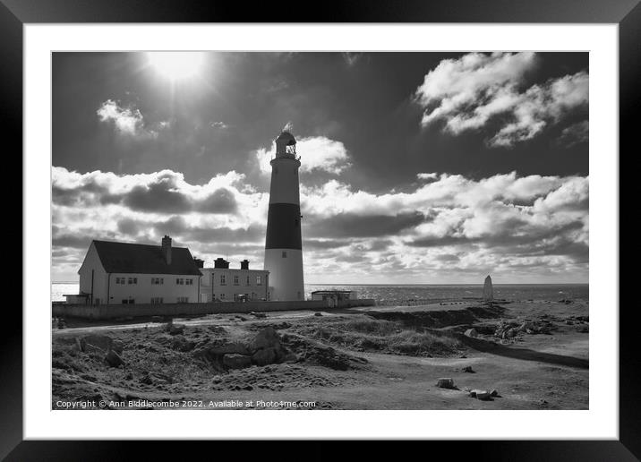 Portland Bill lighthouse from the side in monochro Framed Mounted Print by Ann Biddlecombe
