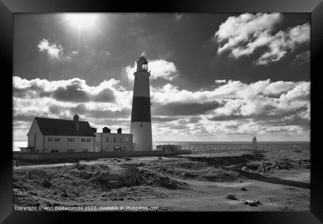 Portland Bill lighthouse from the side in monochro Framed Print by Ann Biddlecombe