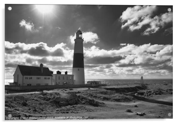 Portland Bill lighthouse from the side in monochro Acrylic by Ann Biddlecombe