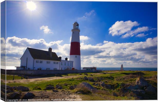 Portland Bill lighthouse with the sun Canvas Print by Ann Biddlecombe
