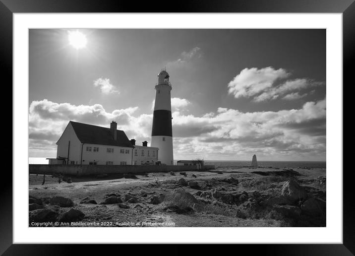 Portland Bill lighthouse with the sun in monochrom Framed Mounted Print by Ann Biddlecombe