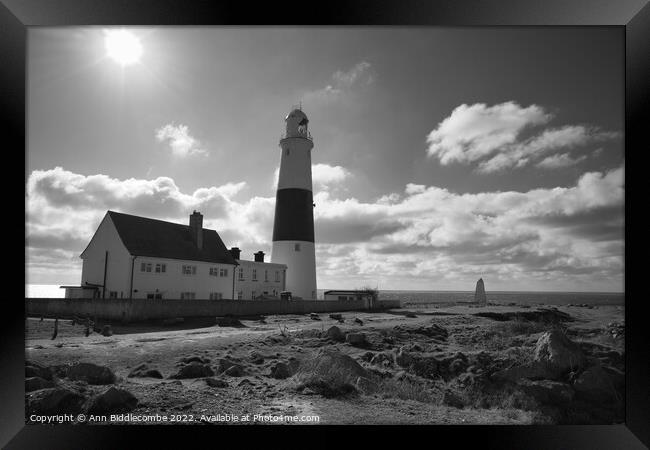 Portland Bill lighthouse with the sun in monochrom Framed Print by Ann Biddlecombe