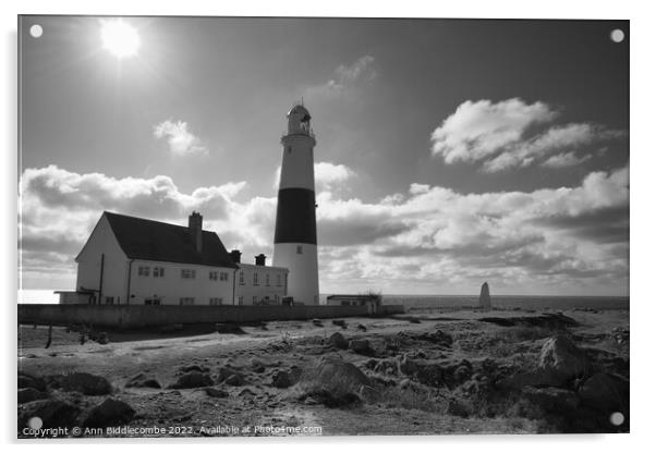 Portland Bill lighthouse with the sun in monochrom Acrylic by Ann Biddlecombe