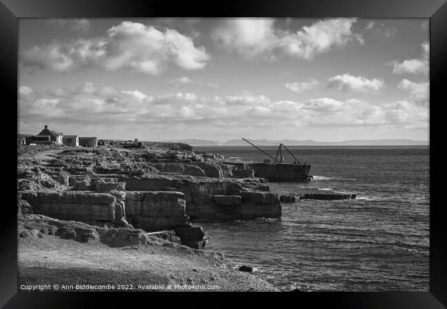 A view over the rocks in monochrome Framed Print by Ann Biddlecombe