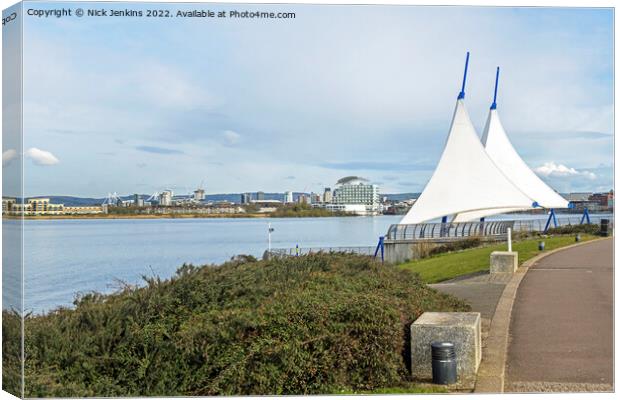 Cardiff Bay with The Scott Memorial Sails  Canvas Print by Nick Jenkins