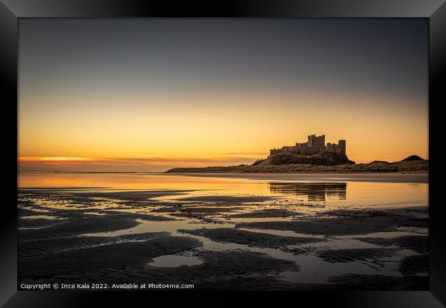 Bamburgh Castle and Beach Reflections At Sunrise Framed Print by Inca Kala