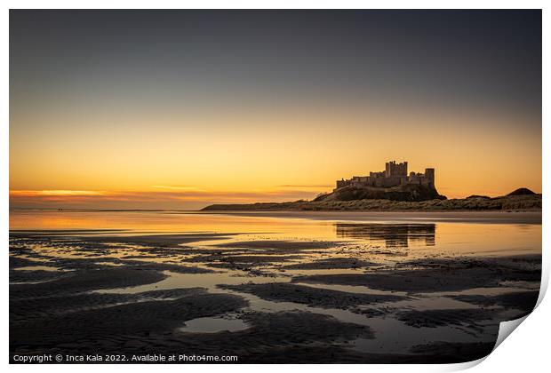 Bamburgh Castle and Beach Reflections At Sunrise Print by Inca Kala