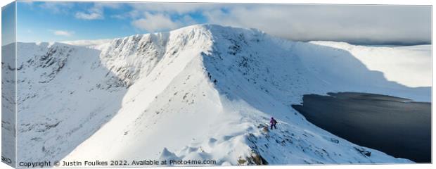 Striding Edge in winter, Helvellyn, Lake District, Canvas Print by Justin Foulkes