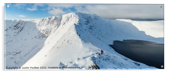 Striding Edge in winter, Helvellyn, Lake District, Acrylic by Justin Foulkes