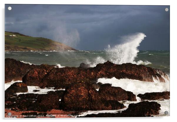 Sea spray and waves on the Antrim coast. Acrylic by Paul Clifton