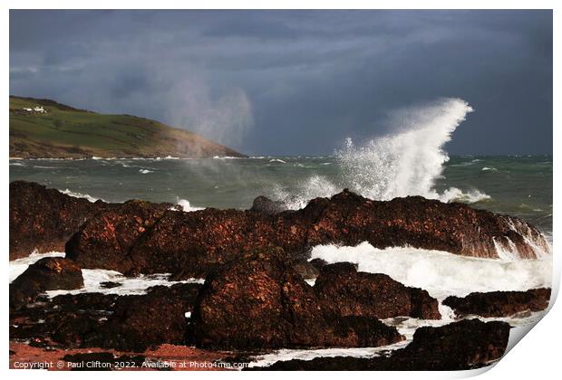 Sea spray and waves on the Antrim coast. Print by Paul Clifton