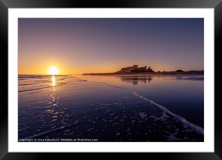 Sunrise Over Bamburgh Castle Beach and Waves Framed Mounted Print by Inca Kala