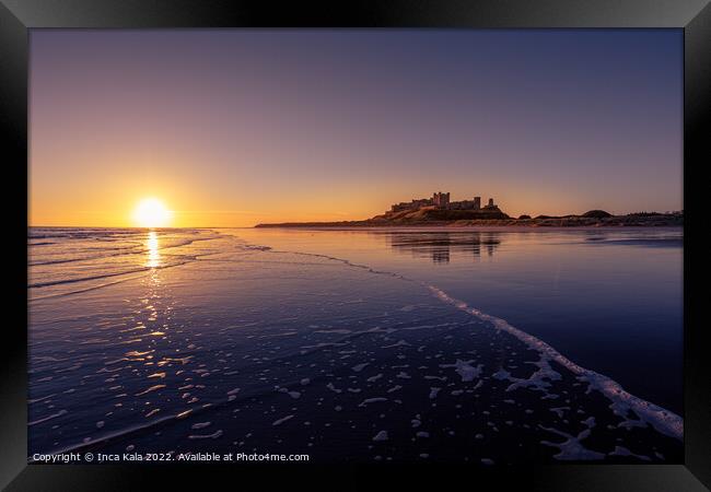 Sunrise Over Bamburgh Castle Beach and Waves Framed Print by Inca Kala