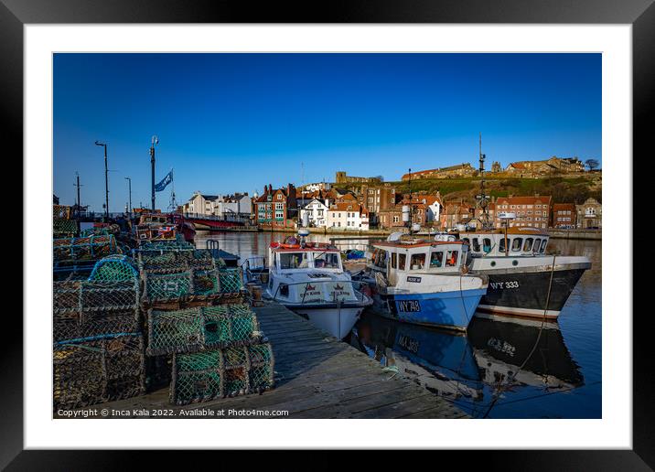 Whitby Lobster Pots and Fishing Boats Framed Mounted Print by Inca Kala
