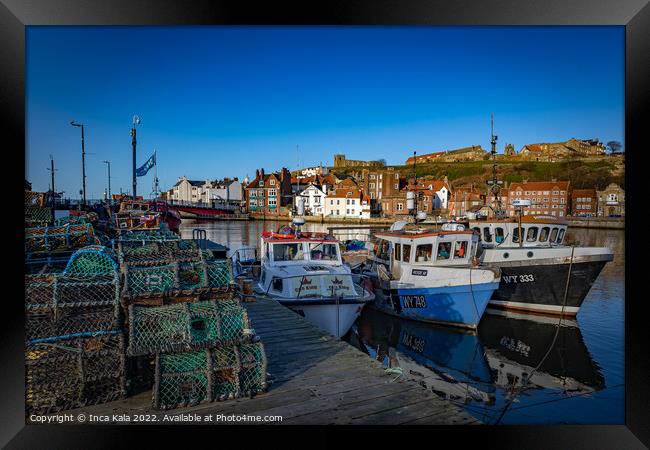 Whitby Lobster Pots and Fishing Boats Framed Print by Inca Kala